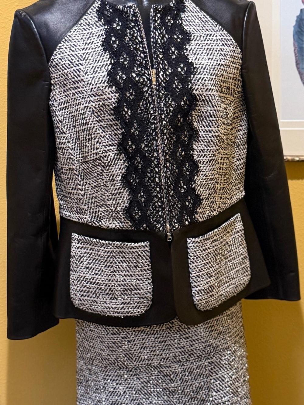 Women's 2 pc Black & White Tweed Peplum Jacket with Lace Trim and Tweed Skirt.